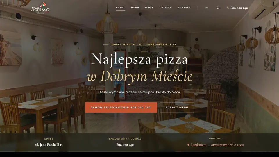 Zrzut ekranu strony głównej Restauracji Pizzerii Soprano w Dobrym Mieście