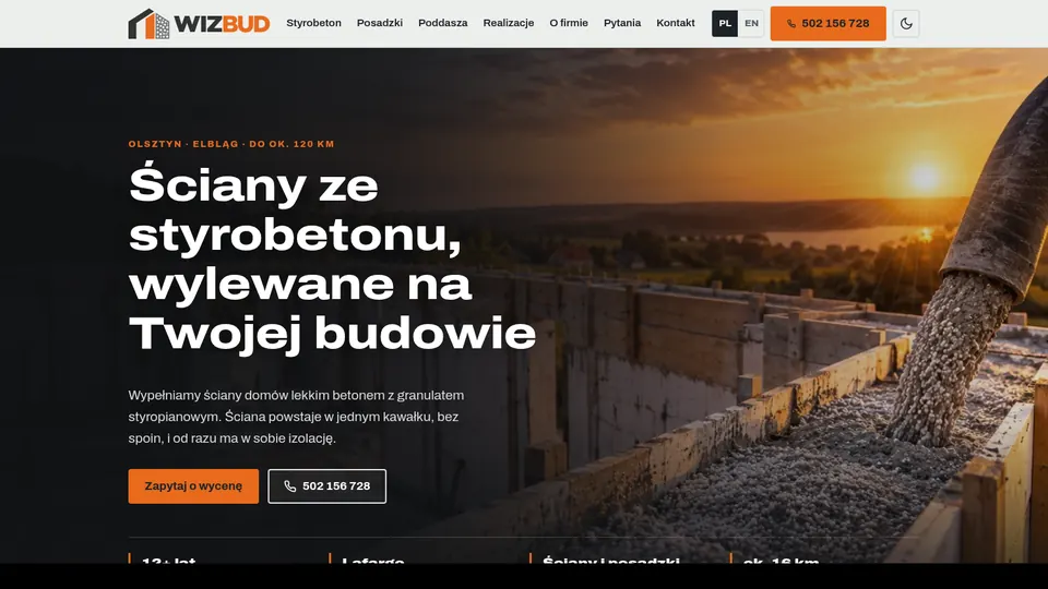 Zrzut ekranu strony głównej WIZBUD — ściany ze styrobetonu